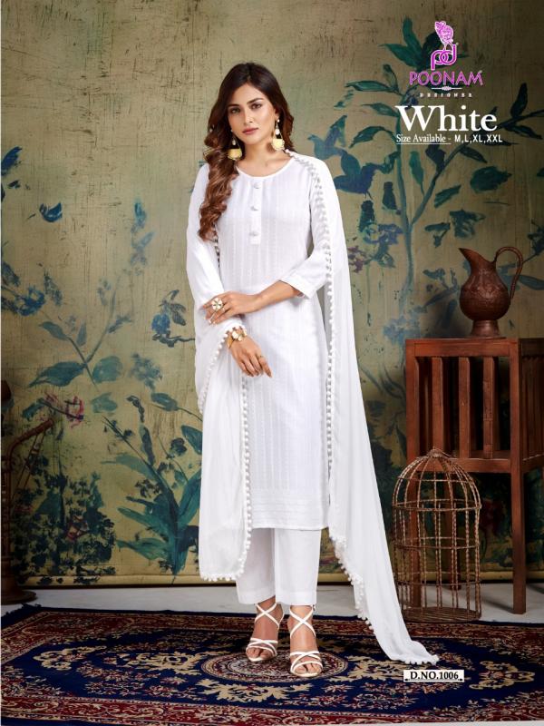 Poonam White rayon Fancy Kurti Pant With Dupatta Collection